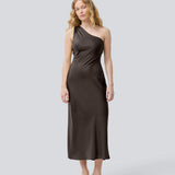 Dark brown maxi one-shoulder dress in satin. NarcissaMD dress has an open back with beautiful details and an invisible zipper on the side.