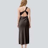 Dark brown maxi one-shoulder dress in satin. NarcissaMD dress has an open back with beautiful details and an invisible zipper on the side.