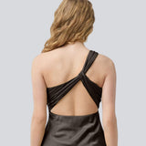Dark brown maxi one-shoulder dress in satin. NarcissaMD dress has an open back with beautiful details and an invisible zipper on the side.