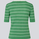 Short-sleeved polo in shimmery knit in the color Medium Green Stripe. Pacifico SS polo has a tight fit and a placket with 5 buttons. The model is 175 cm and wears a size s/36.