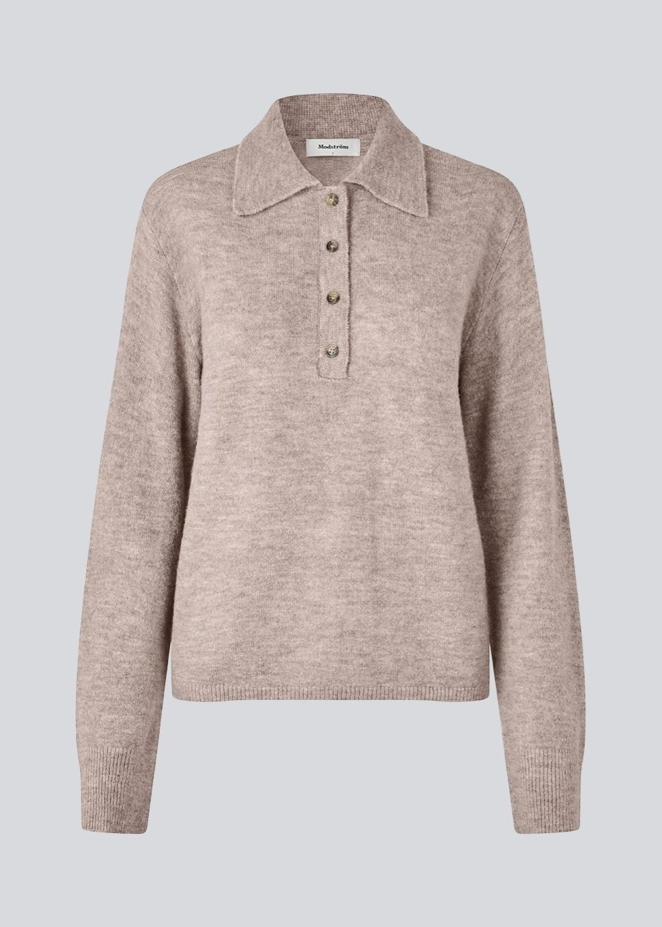 Knitted polo in beige with long sleeves. Treemd polo has a placket closure and 4 buttons.&nbsp;