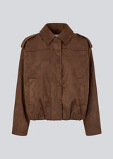 Short brown jacket made from a soft, suede-like material. Features a classic shirt collar, hidden zip and button closure at the front, and practical front pockets. The structured shoulders with strap details and the slightly elasticated hem add a modern, tailored touch. A versatile and stylish piece, perfect for transitional weather and everyday wear.