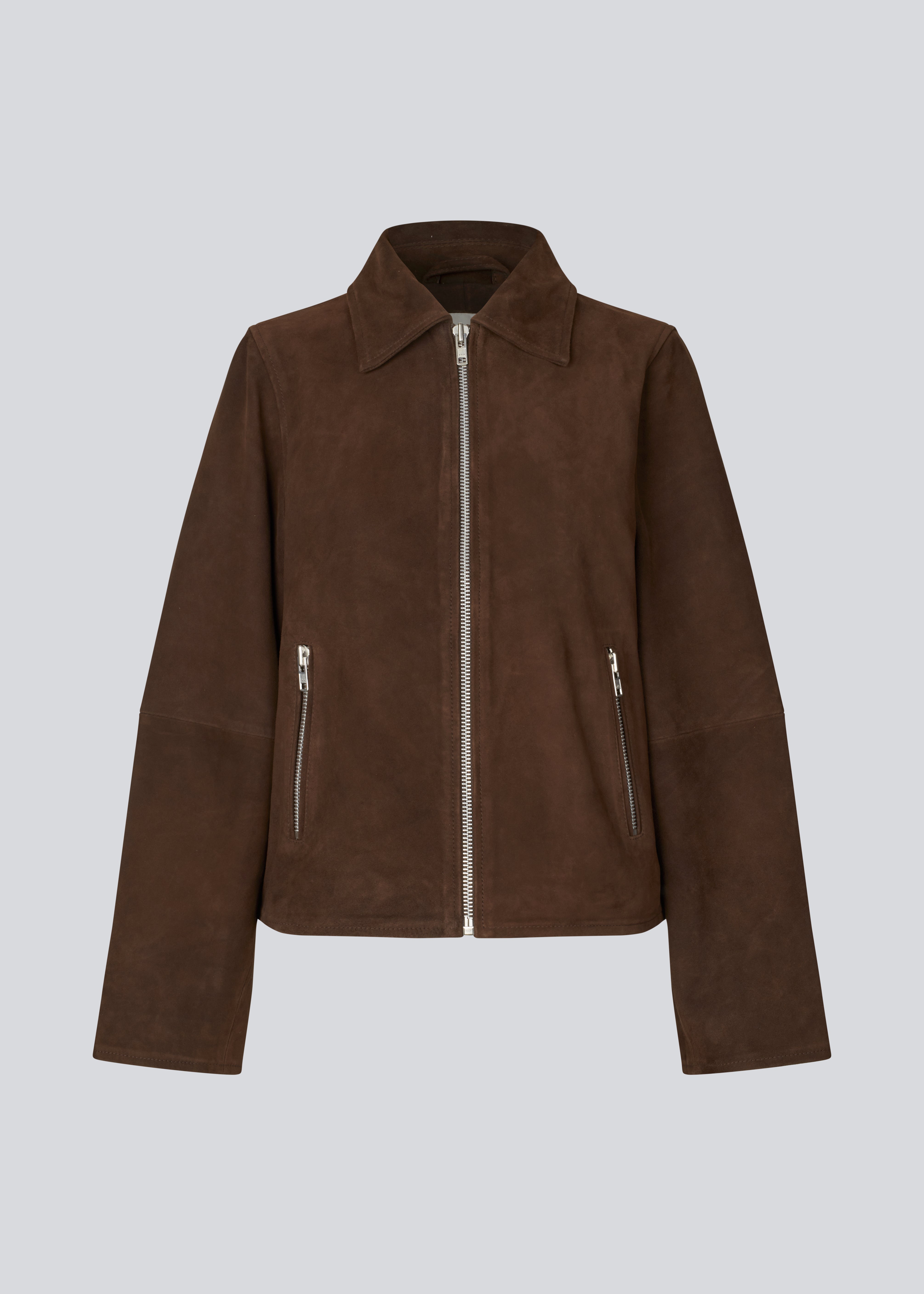 Brown Leather jacket with a loose fit in 100% Suede leather. NimaMD suede jacket has a zipper closure, shirt collar and two front pockets.