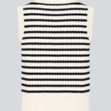Knitted vest in navy and white with a round neckline and front button closure. The UlvaMD Stripe Top features a classic striped pattern and wide ribbed trims for a flattering fit. Made from 100% organic cotton – perfect for layered styling.&nbsp;