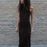 Dark brown maxi one-shoulder dress in satin. NarcissaMD dress has an open back with beautiful details and an invisible zipper on the side.