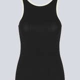 Tight-fitted black sleeveless top in a stretchy material with a round neck cutting lower on the back. FaizMD top has contrasting bias tape. 