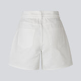 Stylish white cotton shorts. The AggiMD Shorts are long and feature classic details such as pockets, belt loops, a button-and-zip fly closure, and a drawstring belt at the waist. A modern and relaxed choice for summer outfits.