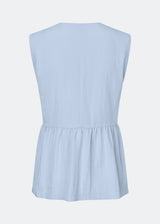 Feminine vest top with a gathered, loose hem. The AgneteMD Vest is sleeveless with a V-neckline and a simple button closure. Can be styled alone or layered for a modern and versatile look.