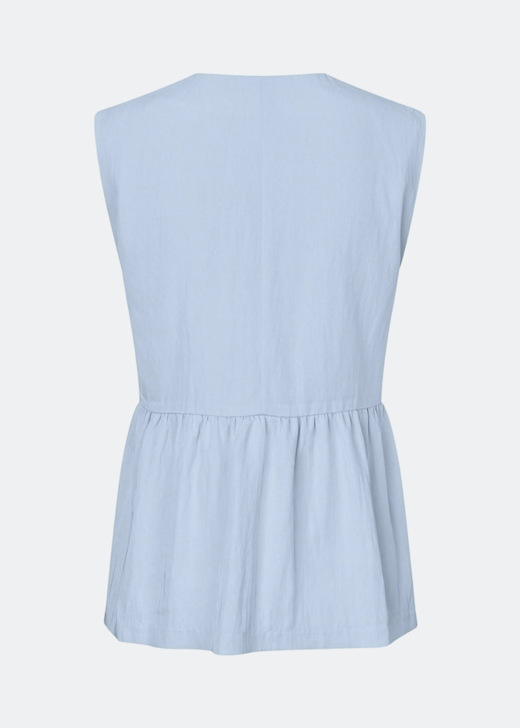 Feminine vest top with a gathered, loose hem. The AgneteMD Vest is sleeveless with a V-neckline and a simple button closure. Can be styled alone or layered for a modern and versatile look.