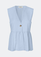 Feminine vest top with a gathered, loose hem. The AgneteMD Vest is sleeveless with a V-neckline and a simple button closure. Can be styled alone or layered for a modern and versatile look.