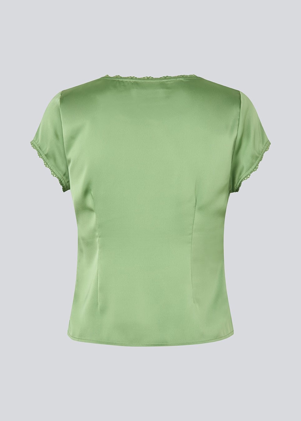 Feminine short-sleeve top in lustrous satin. The AijaMD Top features delicate details such as lace trims, a V-neckline, slight puff under the bust, and a bow detail. Made from 100% recycled polyester, perfect for both elegant and casual looks.