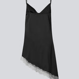 Short satin slip dress with contrast lace trim. The AlinkaMD Dress features spaghetti straps, a V-neckline, and an asymmetrical hem that is longer on one side. An elegant dress, perfect on its own or for layered styling.