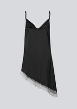 Short satin slip dress with contrast lace trim. The AlinkaMD Dress features spaghetti straps, a V-neckline, and an asymmetrical hem that is longer on one side. An elegant dress, perfect on its own or for layered styling.