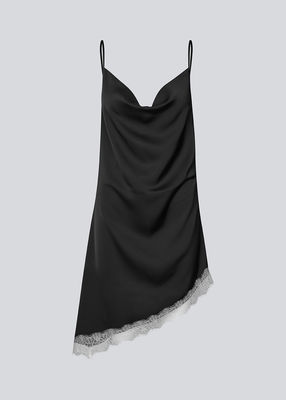 Short satin slip dress with contrast lace trim. The AlinkaMD Dress features spaghetti straps, a V-neckline, and an asymmetrical hem that is longer on one side. An elegant dress, perfect on its own or for layered styling.