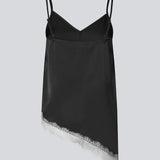 Satin slip top with contrast lace trim. The AlinkaMD Top features spaghetti straps, a V-neckline, and an asymmetrical hem that is longer on one side. An elegant top, perfect on its own or for layered styling.