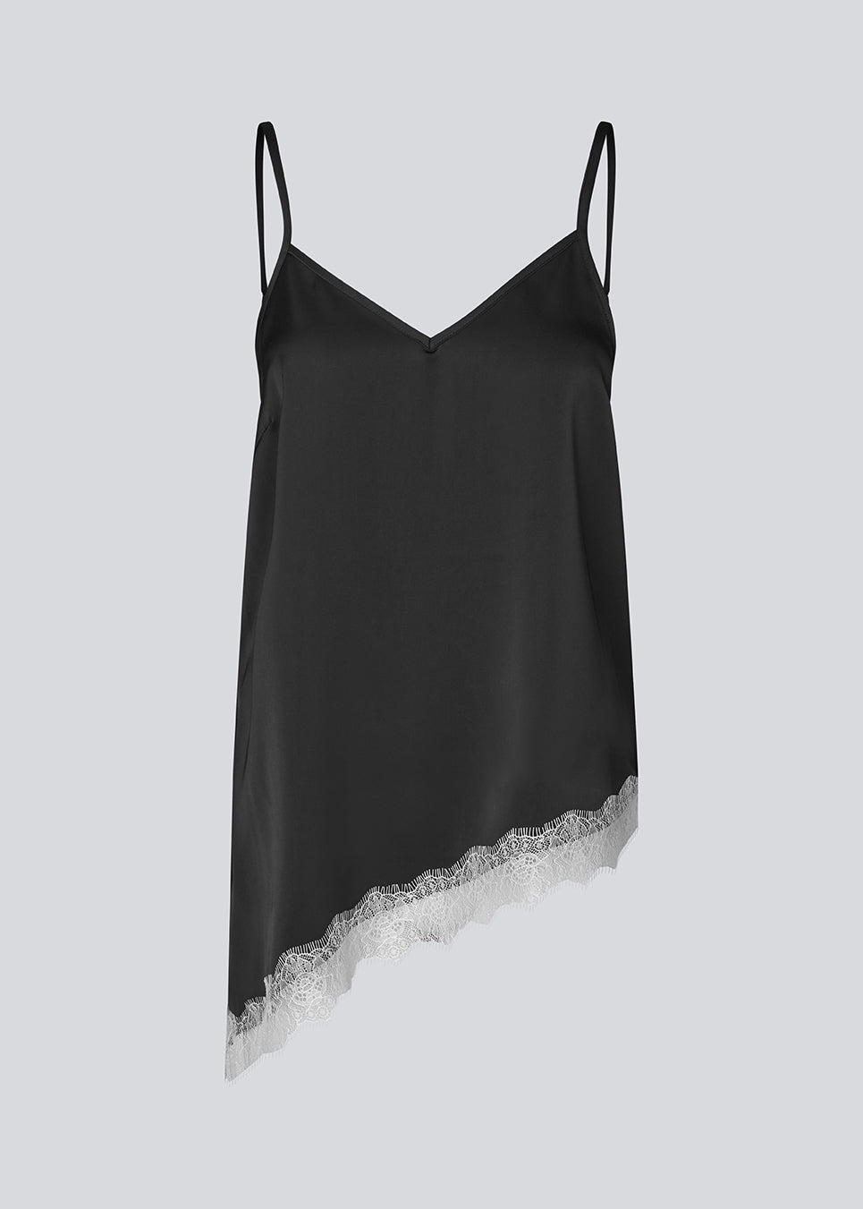 Satin slip top with contrast lace trim. The AlinkaMD Top features spaghetti straps, a V-neckline, and an asymmetrical hem that is longer on one side. An elegant top, perfect on its own or for layered styling.