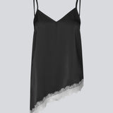 Satin slip top with contrast lace trim. The AlinkaMD Top features spaghetti straps, a V-neckline, and an asymmetrical hem that is longer on one side. An elegant top, perfect on its own or for layered styling.