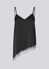 Satin slip top with contrast lace trim. The AlinkaMD Top features spaghetti straps, a V-neckline, and an asymmetrical hem that is longer on one side. An elegant top, perfect on its own or for layered styling.