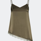 Satin slip top with contrast lace trim. The AlinkaMD Top features spaghetti straps, a V-neckline, and an asymmetrical hem that is longer on one side. An elegant top, perfect on its own or for layered styling.