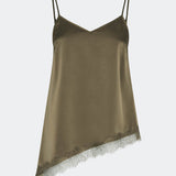 Satin slip top with contrast lace trim. The AlinkaMD Top features spaghetti straps, a V-neckline, and an asymmetrical hem that is longer on one side. An elegant top, perfect on its own or for layered styling.