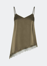 Satin slip top with contrast lace trim. The AlinkaMD Top features spaghetti straps, a V-neckline, and an asymmetrical hem that is longer on one side. An elegant top, perfect on its own or for layered styling.