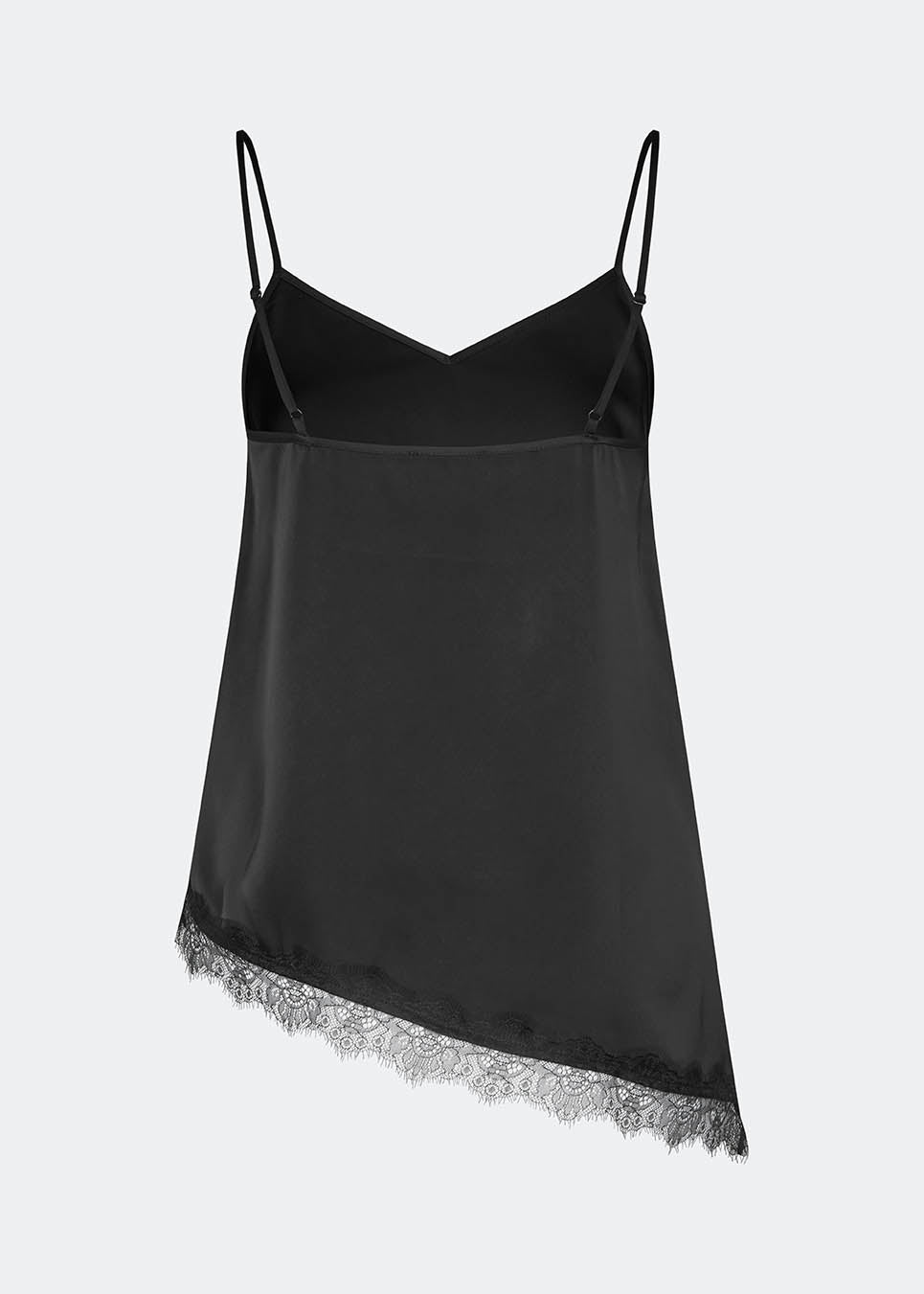 Satin slip top with lace trim. The AlinkaMD Top features spaghetti straps, a V-neckline, and an asymmetrical hem that is longer on one side. An elegant top, perfect on its own or for layered styling.