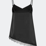 Satin slip top with lace trim. The AlinkaMD Top features spaghetti straps, a V-neckline, and an asymmetrical hem that is longer on one side. An elegant top, perfect on its own or for layered styling.