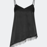 Satin slip top with lace trim. The AlinkaMD Top features spaghetti straps, a V-neckline, and an asymmetrical hem that is longer on one side. An elegant top, perfect on its own or for layered styling.