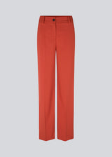 Pants in red with wide legs and a medium waist. AnkerMD pants have creases, button and zip fly, side pockets and paspel back pockets.  The model is 177 cm and wears a size S/36. Style the pants with a matching blazer in the same color: Gale blazer.