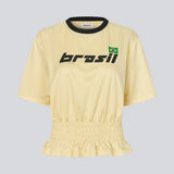 T-shirt with Brazil logo and scrunch detailing at the waist. The AnsgarMD T-Shirt features contrast trim on the round neckline, short sleeves, and a ruffled hem. A feminine and modern T-shirt, perfect for relaxed yet stylish everyday looks.