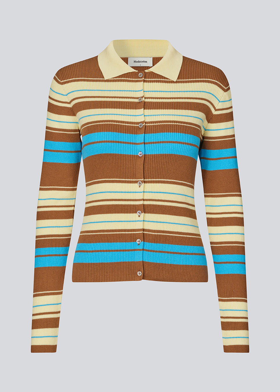 Long-sleeve cardigan with a polo collar and stripes. The AslanMD Cardigan is made from ribbed 100% organic cotton with elastic for a snug and comfortable fit. Perfect for layering or as an elegant everyday favorite.
 