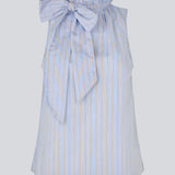 Sleeveless top with bow detail. The AugustaMD Top features stripes, elastic, and a ruffle trim at the neckline with a wide tie. Made from 85% organic cotton, a feminine and lightweight top perfect for both everyday wear and layering.