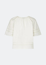 Short-sleeve blouse with embroidery details. The AyoMD Top has a relaxed fit with gathered details at the neckline and a V-neckline with a single button. Made from a lightweight 100% organic cotton fabric, perfect for a feminine and relaxed look.