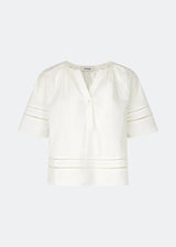 Short-sleeve blouse with embroidery details. The AyoMD Top has a relaxed fit with gathered details at the neckline and a V-neckline with a single button. Made from a lightweight 100% organic cotton fabric, perfect for a feminine and relaxed look.