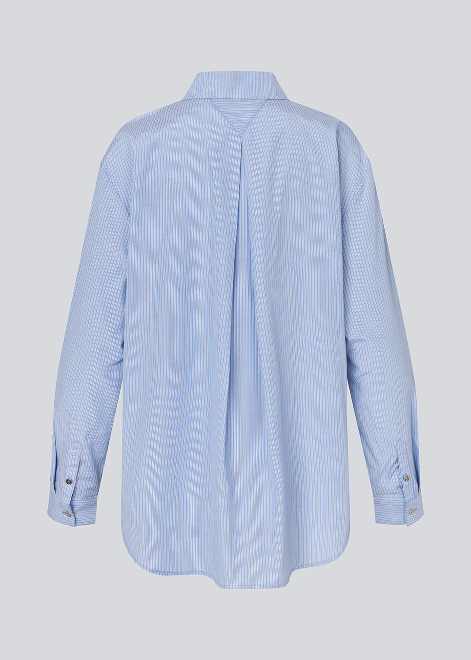 Long shirt with pinstripes. The BalouMD Shirt features unique silver buttons, a collar, cuffs, and a longer back hem - a sleek and modern statement top, made from 100% recycled polyester.