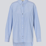 Long shirt with pinstripes. The BalouMD Shirt features unique silver buttons, a collar, cuffs, and a longer back hem - a sleek and modern statement top, made from 100% recycled polyester.