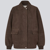 Cool suede jacket with a relaxed look. Barkmd jacket is designed in an oversized fit with a classic collar, concealed snap-button closure, and ribbed cuffs and hem for a modern bomber-inspired silhouette. Large front pockets complete the functional design, making it a stylish wardrobe staple you'll reach for season after season.
