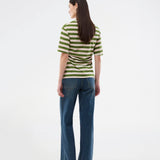 Fitted striped T-shirt with a subtle chest logo. The Barneymd T-Shirt features short, wide sleeves, a round neckline, and flattering side ruching – a chic and sporty must-have for a sleek wardrobe.