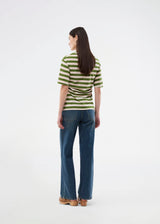 Fitted striped T-shirt with a subtle chest logo. The Barneymd T-Shirt features short, wide sleeves, a round neckline, and flattering side ruching – a chic and sporty must-have for a sleek wardrobe.