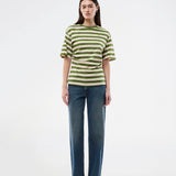 Fitted striped T-shirt with a subtle chest logo. The Barneymd T-Shirt features short, wide sleeves, a round neckline, and flattering side ruching – a chic and sporty must-have for a sleek wardrobe.
