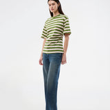 Fitted striped T-shirt with a subtle chest logo. The Barneymd T-Shirt features short, wide sleeves, a round neckline, and flattering side ruching – a chic and sporty must-have for a sleek wardrobe.