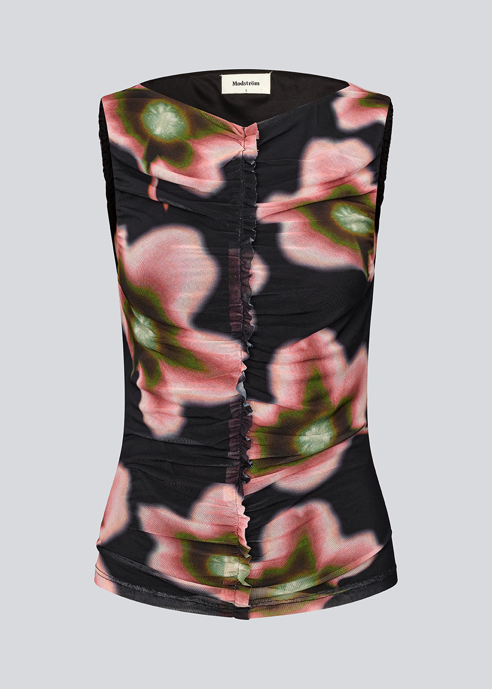 Elegant, fitted top in lightweight, sheer mesh with front ruching that accentuates the silhouette. The BenjaMD Print Top features a graphic floral print on a black base, creating a modern, eye-catching, and sleek look - perfect for both day and evening, worn alone or layered under a blazer for a cool style.