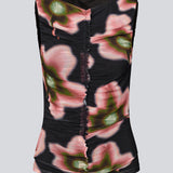 Elegant, fitted top in lightweight, sheer mesh with front ruching that accentuates the silhouette. The BenjaMD Print Top features a graphic floral print on a black base, creating a modern, eye-catching, and sleek look - perfect for both day and evening, worn alone or layered under a blazer for a cool style.