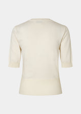 Feminine short-sleeved cardigan in lightweight knit. The Bennamd SS Cardigan features classic details such as ribbed trims, a button closure, and a round neckline, with a delicate wavy edge along the button placket for an elegant touch.