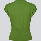 Feminine sleeveless cardigan in lightweight, luxurious knit. The Bernadette MD Vest features elegant ribbed trims, a stylish button closure, and a round neckline, with a tailored fit and an extra-wide ribbed waistband. Made from soft, 100% organic cotton – a timeless wardrobe must-have.