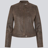 Classic leather jacket with a timeless biker-inspired look. Bobbiemd jacket is designed in a fitted silhouette with a stand collar, zip-front closure, and subtle metal snap buttons at the neckline and hem. A zipped chest pocket and zip details at the cuffs add a modern, edgy touch. A versatile wardrobe staple that can easily be styled for both casual and more polished looks.