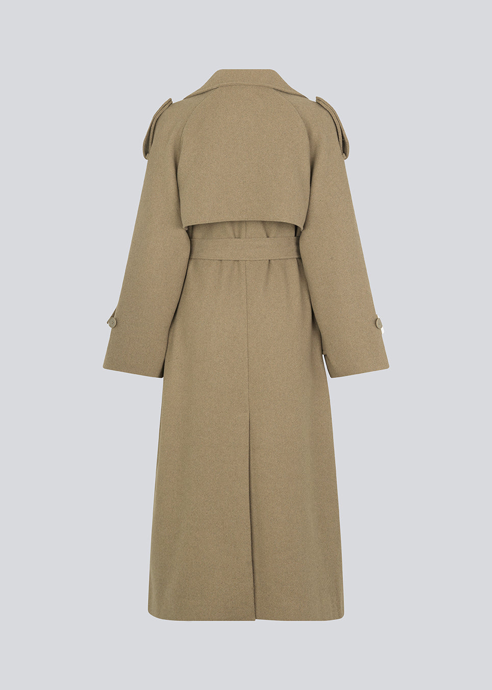 Coat in Dune in trenchcoat style with an oversized silhouette. BorakMD coat is double-breasted with a collar, open yoke, belt at the waist, and a slit in the back. Woolen quality. Lined.