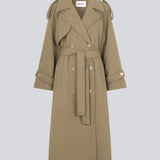 Coat in Dune in trenchcoat style with an oversized silhouette. BorakMD coat is double-breasted with a collar, open yoke, belt at the waist, and a slit in the back. Woolen quality. Lined.