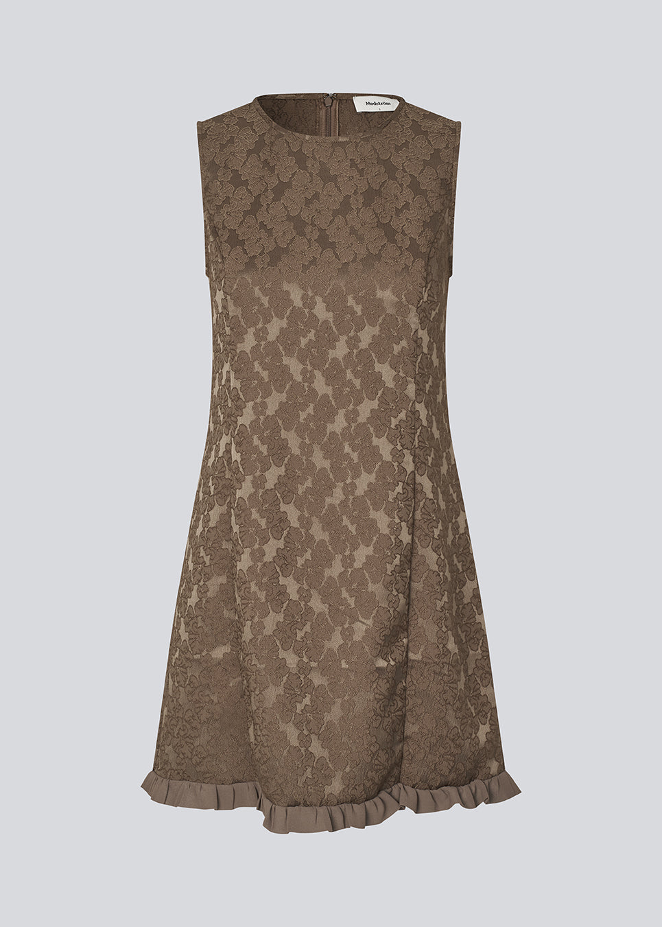 Elegant short dress in textured, patterned fabric. The Briannamd Dress features feminine details such as an A-line silhouette and a ruffle trim, is sleeveless, and designed with a round neckline and a back zip closure. Made from 100% recycled polyester.
