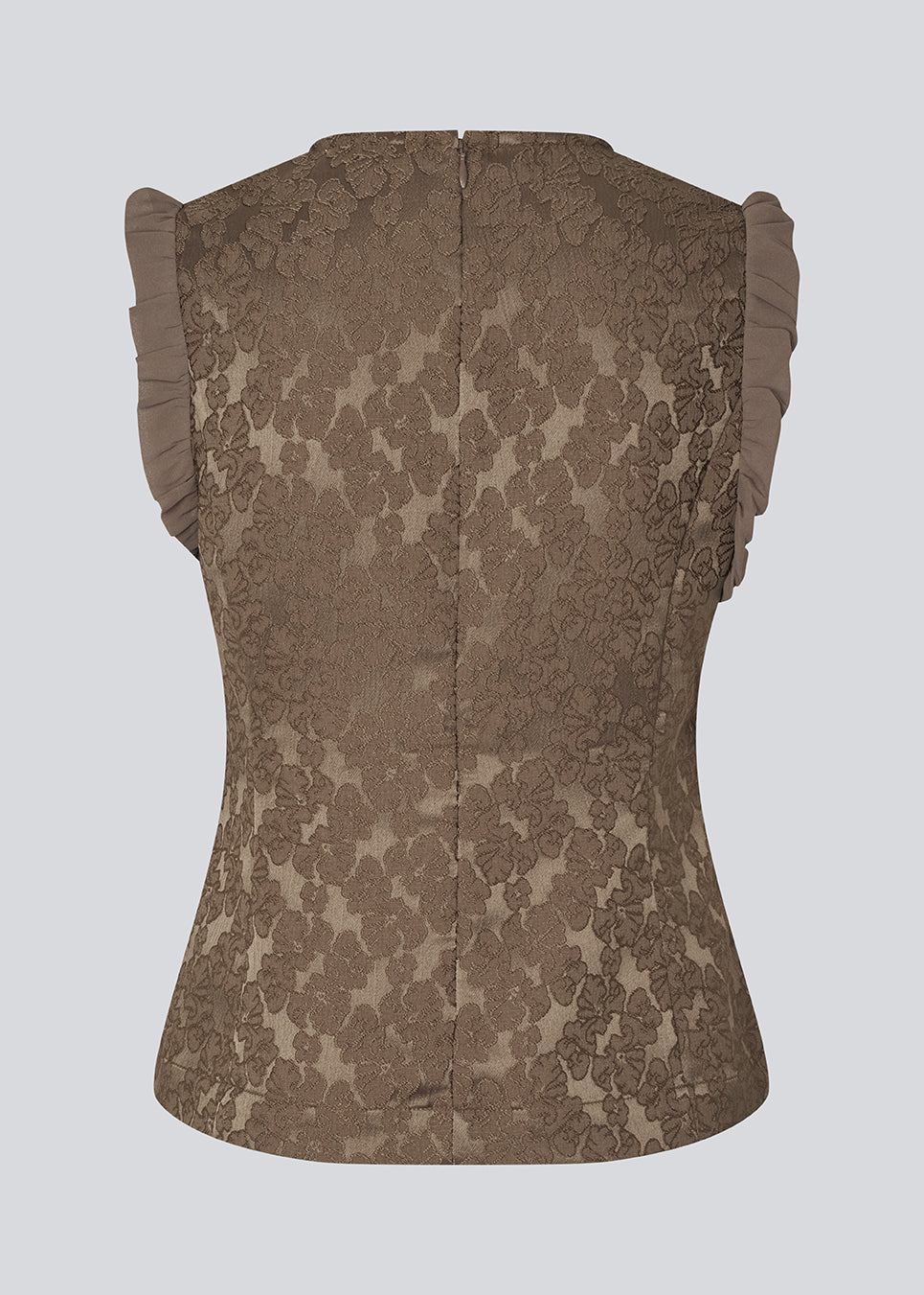 Elegant top in textured, patterned fabric. The Briannamd Top features feminine details such as a tailored fit, is sleeveless with ruffle trim, and designed with a round neckline and a back zip closure. Made from 100% recycled polyester.